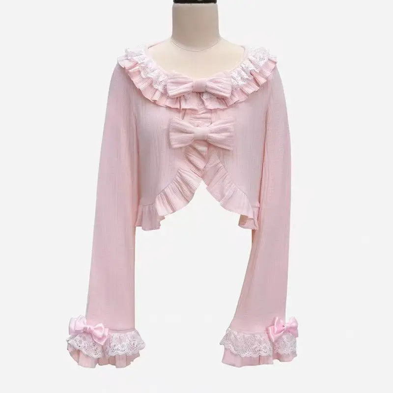 Japanese Women Knitted Sweet Bow Cardigan Sun Protection Lace Patchwork Lolita Crop Tops Y2k Aesthetic Flare Sleeve Grunge Coat