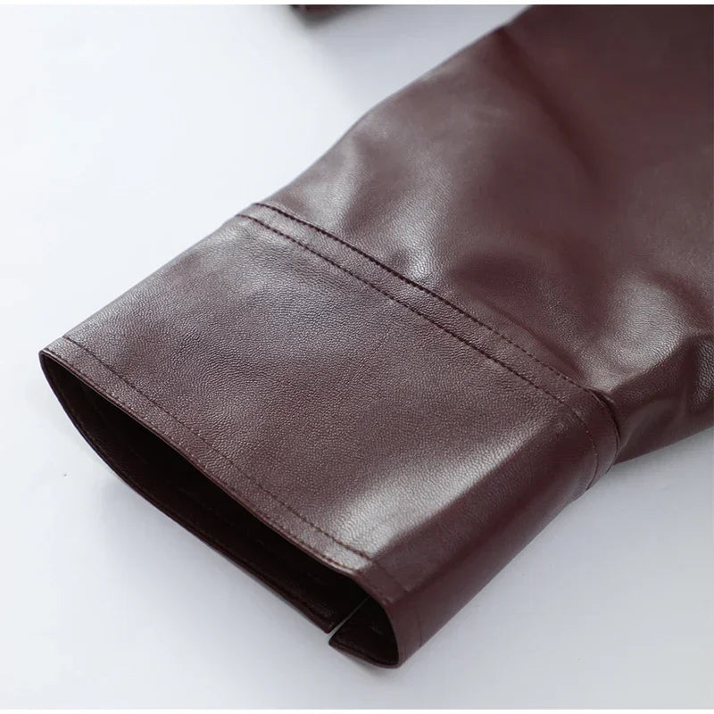 Women's Dark Red Zipper Leather Short Jackets Chic Long Sleeve Lace Up Lapel Loose Button Coat Lady Daily High Street Wear 2025