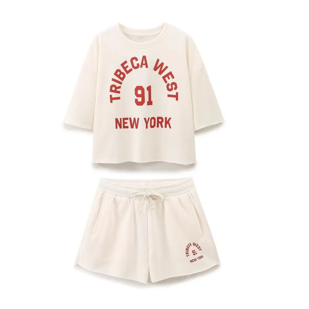 Plush Ensemble Femme 2 Piece COTTON Short Sets for Women Two Colors Text Print O-neck Sweatshirts + Mid Elastic Waistband Shorts