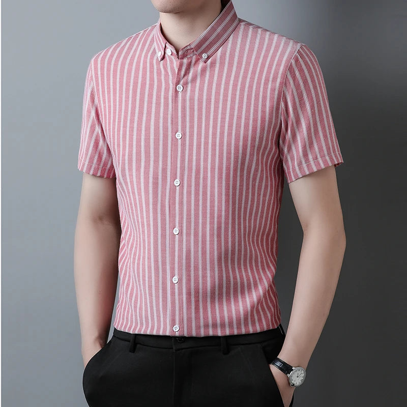 New Men's Casual Striped Short Sleeved Lapel Shirt for Summer Fashion Comfort No Ironing Wrinkle Resistant Top