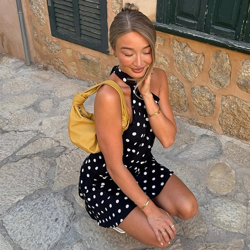 Hugcitar Polka Dot Print Halter Sleeveless Backless Bandage Sexy Slim Mini Dress Summer Women Fashion Outfit Party Vacation