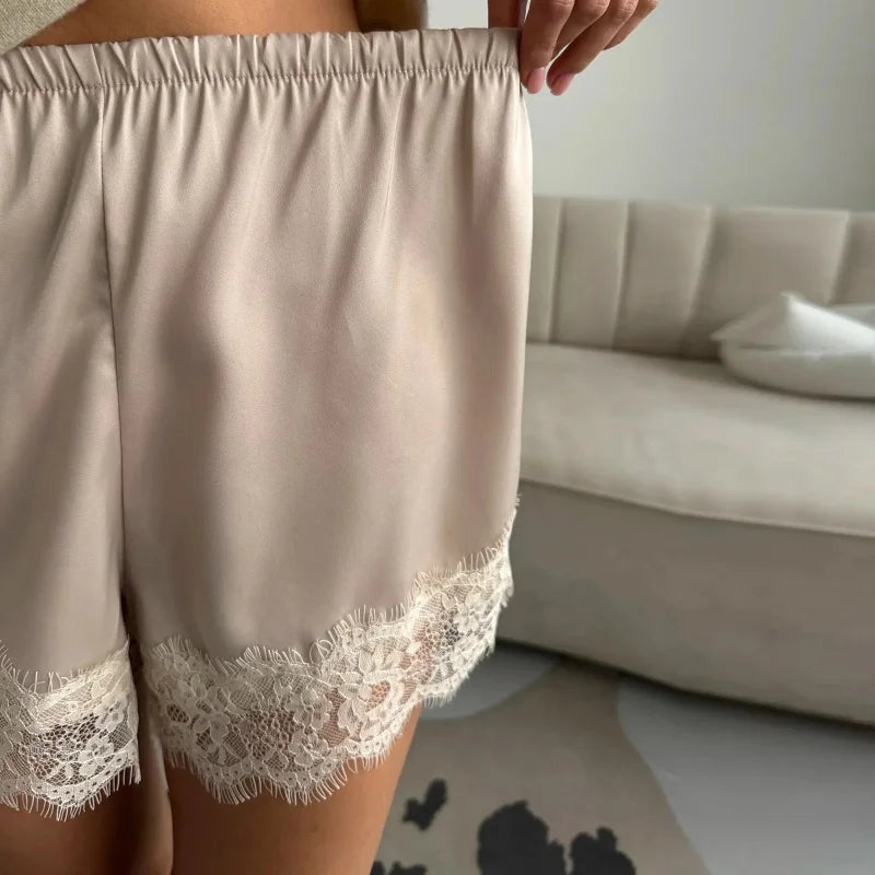 Women Heart Print Lace Satin Shorts Silk Y2k Elastic Waist Mini Shorts Coquette Aesthetic Boxer Slip Pettipants French Knickers