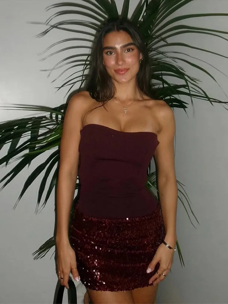 Sequins Splicing Strapless Dress Women Sexy Sleeveless Backless Bodycon Short Party Dresses 2026 Chic Lady Christmas Gowns