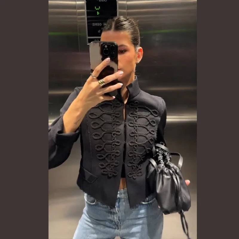 Retro Style Short Solid Jacket For Women Long Sleeve Standing Collar Black Mini Jackets 2026 Fashion Chic Daily Street Outerwear