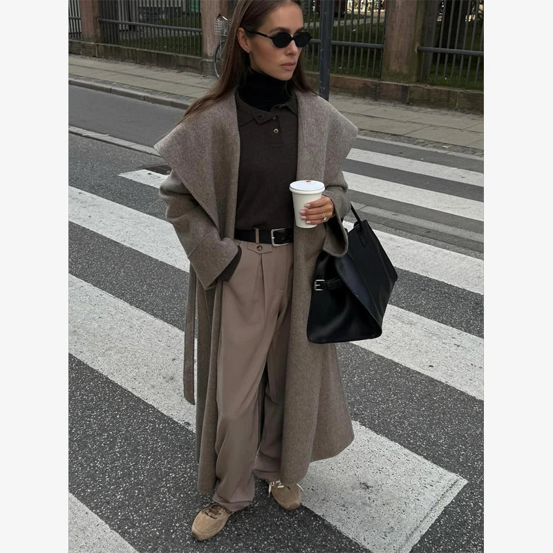 Navy Collar Lace Up Woolen Long Coat Women Elegant V-neck Full Sleeves Pockets Loose Overcoat 2026 Spring Lady Daily Street Wear
