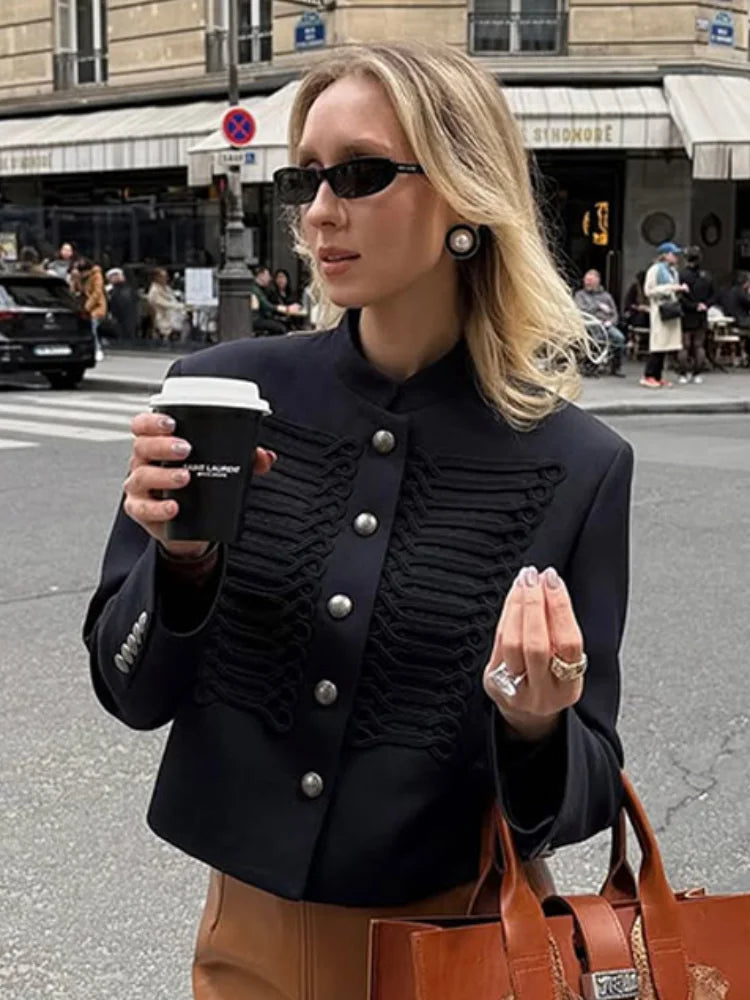 Elegant Long Sleeve Stand Collar Coats 2026 Spring New Retro Military Breasted Jacket For Women Lady High Street Chic Outerwear