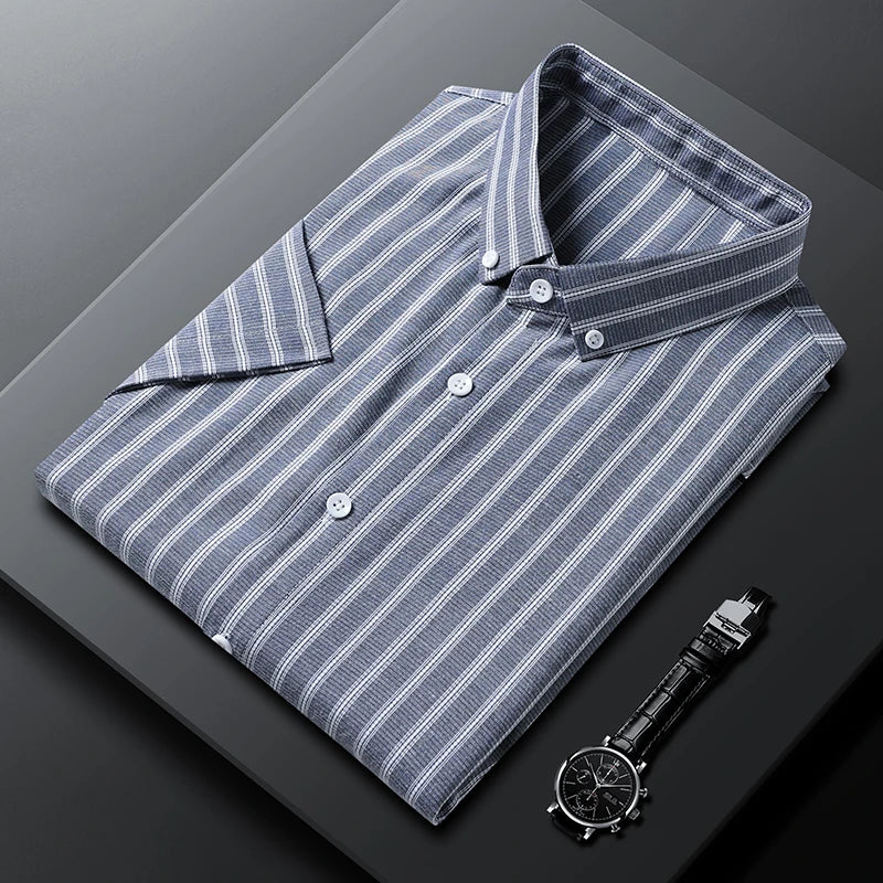 New Men's Casual Striped Short Sleeved Lapel Shirt for Summer Fashion Comfort No Ironing Wrinkle Resistant Top