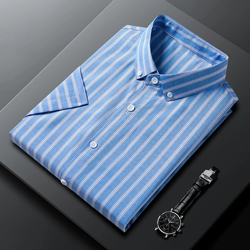 New Men's Casual Striped Short Sleeved Lapel Shirt for Summer Fashion Comfort No Ironing Wrinkle Resistant Top
