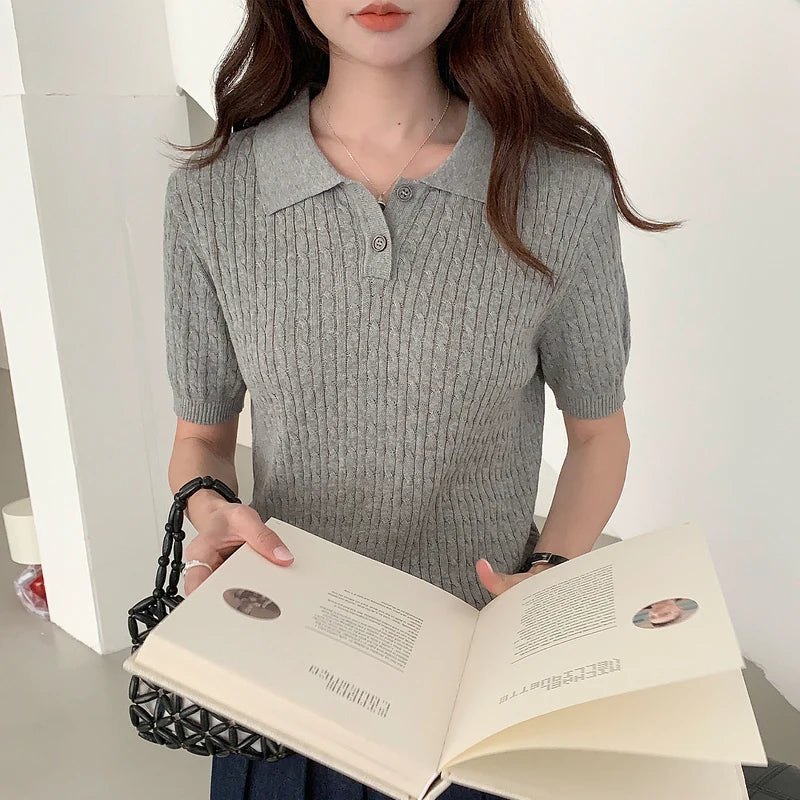 WinvyNee Women Cotton T-shirt Summer Short Sleeve Blue Solid Slim Fit Y2k Polo Collar Casual Pullovers Clothing Basic ZA1523009