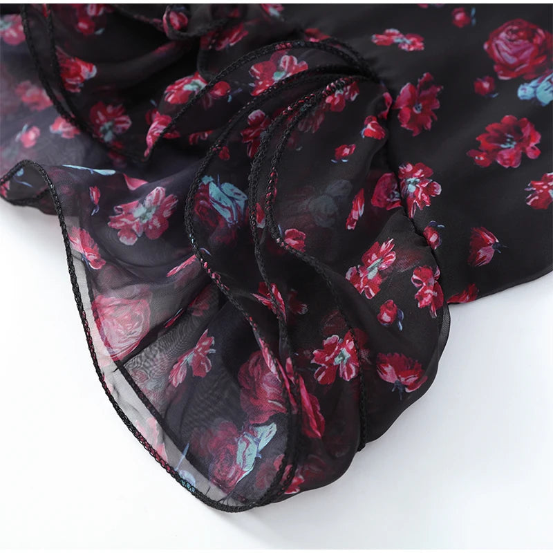 Women Red Floral Printed Mini Dress V-neck Short Sleeved Puff Sleeve Waist Trim Ruffle Slit Hem Dresses 2026 Summer Party Gown