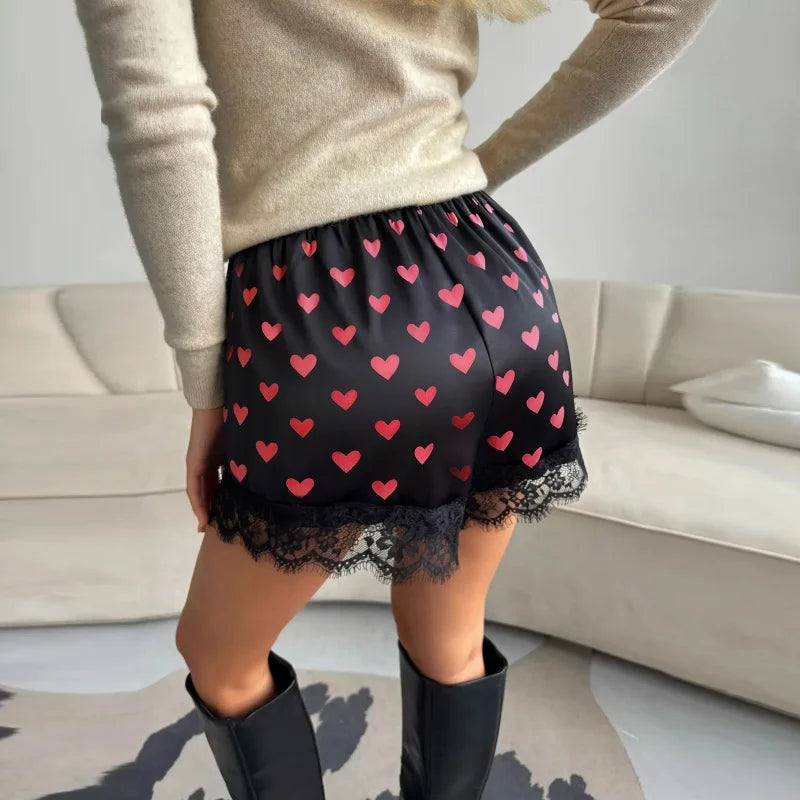 Women Heart Print Lace Satin Shorts Silk Y2k Elastic Waist Mini Shorts Coquette Aesthetic Boxer Slip Pettipants French Knickers