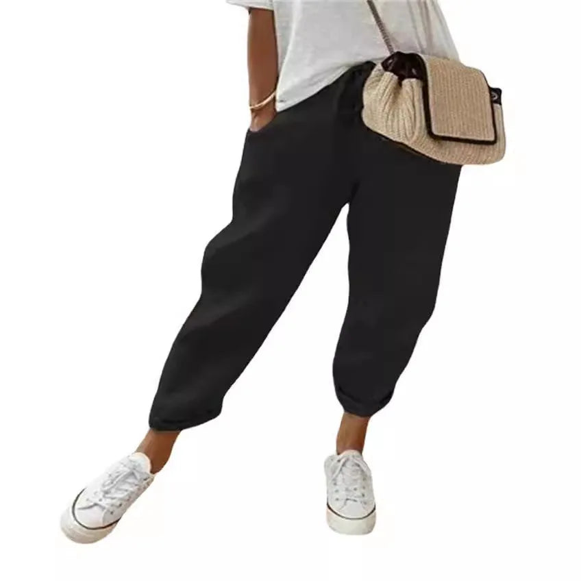 Women Blend Wide Leg Harem Pants Summer Fashion Elastic Waist Pocket Solid Ankle Trousers S-5XL Oversized LRFZ-911