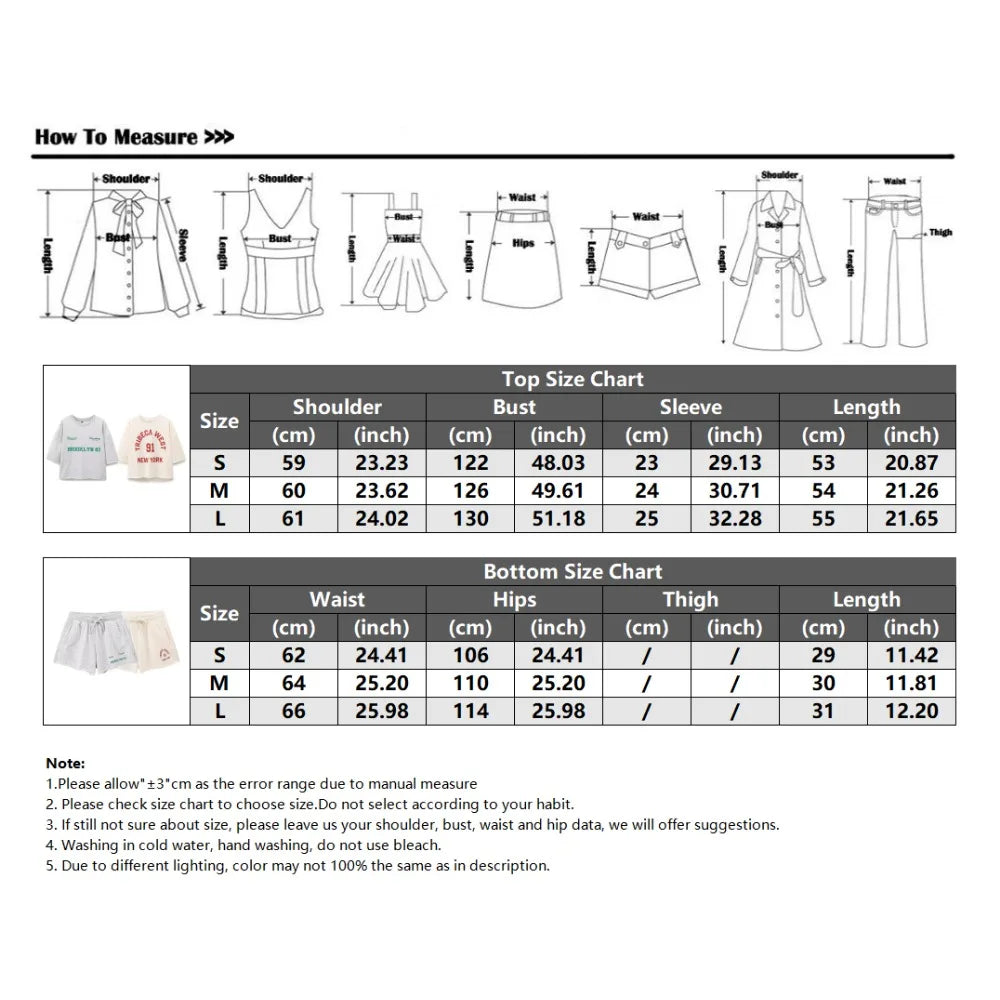 Plush Ensemble Femme 2 Piece COTTON Short Sets for Women Two Colors Text Print O-neck Sweatshirts + Mid Elastic Waistband Shorts