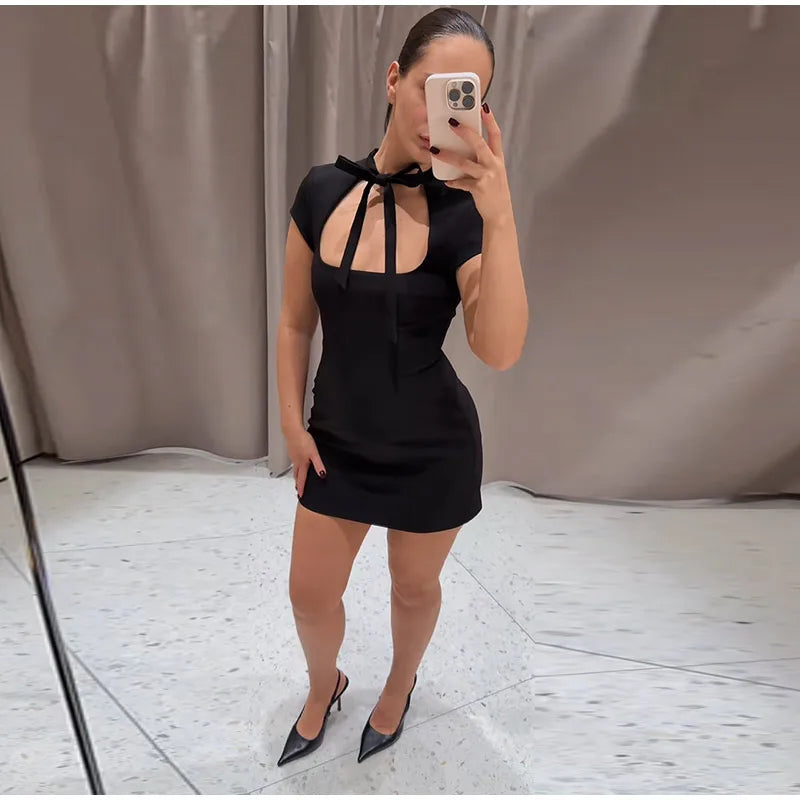 Fashion Polka Dot Mini Dress For Women Elegant Bow Tie Neck Short Sleeve Waist Slim Dress Lady 2026 Spring Summer Chic Vestidos