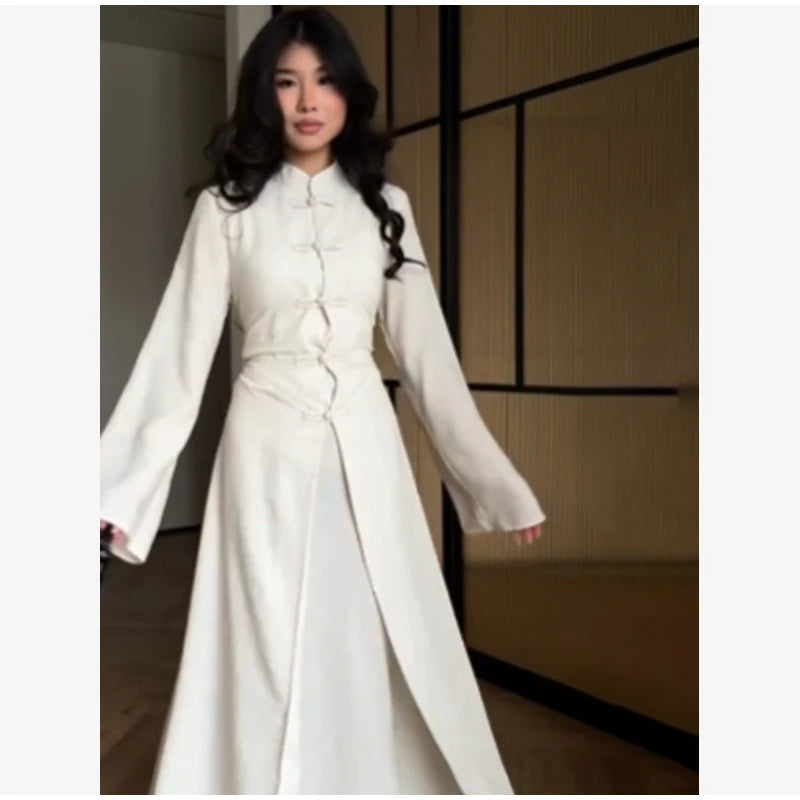 Chinese Style Frog Button Two Piece Set Long Flared Sleeve Ruched Waist Traditional Oriental Outline Sets Spring Picnic Outfit
