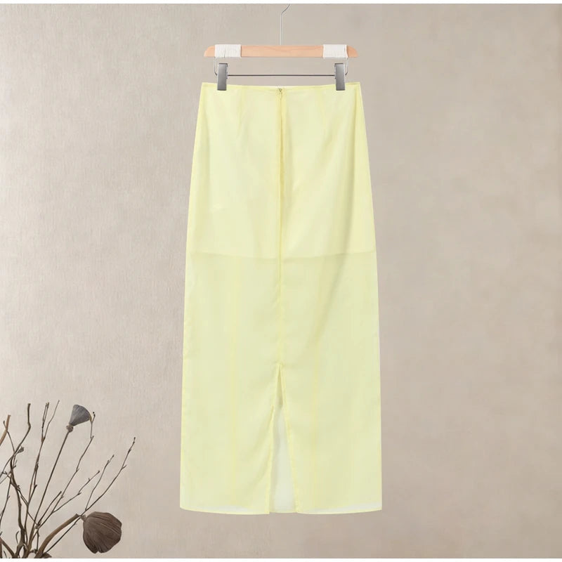 Casual Yellow Top Long Skirts Sets Women Sleeveless Lace Up Tops Straight Slit Skirt 2026 Summer Holiday Street Lady Solid Suits