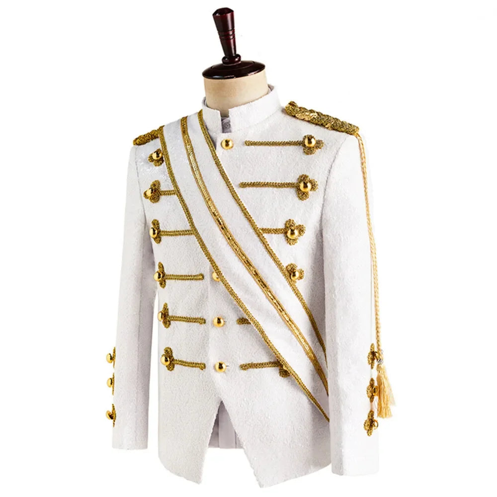 Men Sequin Uniform MJ Dance Wear Glitter Black White Vintage Michael Jackson Stage Jacket with Tassel