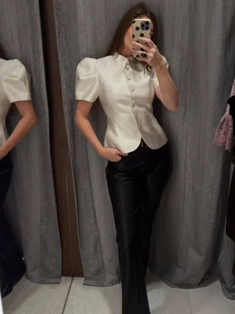 Chic White Lantern Sleeve Shirt Women Solid Stand Collar Stand Collar Slim Shirts Lady Casual Tops Commute Outwear 2026 New