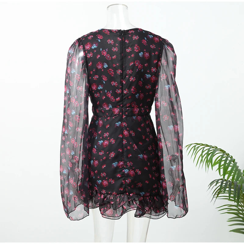 Women Red Floral Printed Mini Dress V-neck Short Sleeved Puff Sleeve Waist Trim Ruffle Slit Hem Dresses 2026 Summer Party Gown