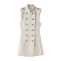 Women Stand Collar Double Breasted Mini Dress Sleeveless Elegant Casual Slim Fit Short Robe Lady Office New Dresses 2026 Summer