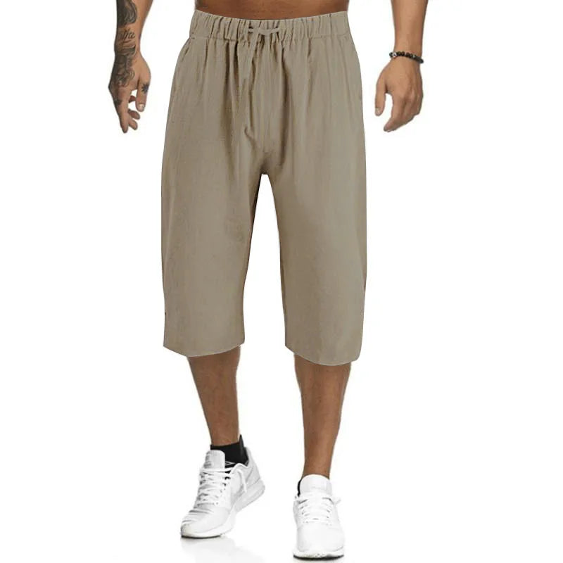 2024Summer Muscle Men's New Loose Solid Color Breathable Casual Sports Business High Street Fashionable Cropped Pants