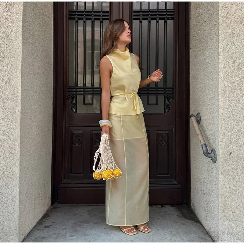 Casual Yellow Top Long Skirts Sets Women Sleeveless Lace Up Tops Straight Slit Skirt 2026 Summer Holiday Street Lady Solid Suits