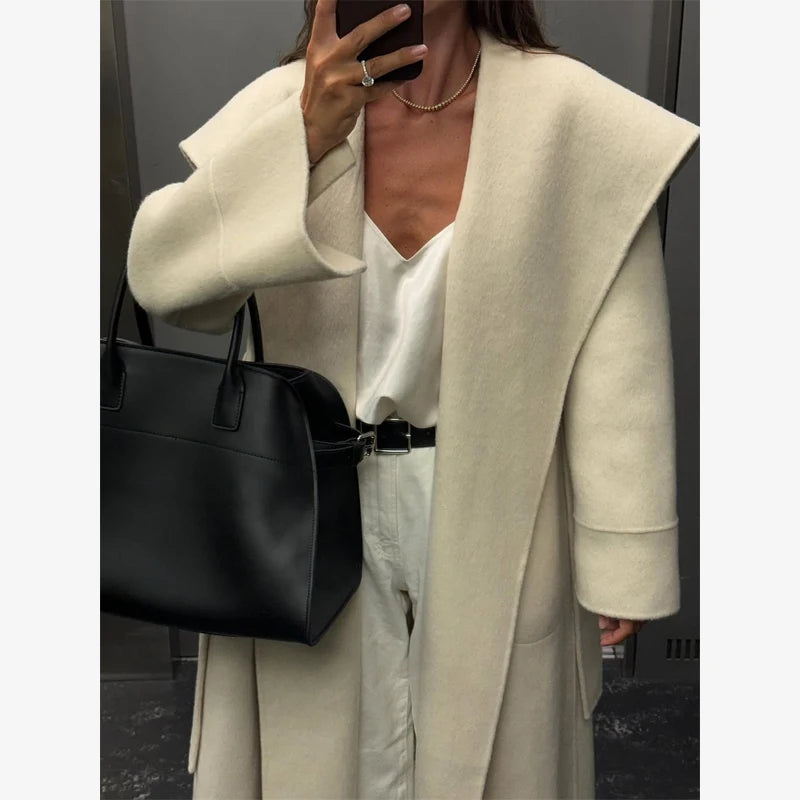Navy Collar Lace Up Woolen Long Coat Women Elegant V-neck Full Sleeves Pockets Loose Overcoat 2026 Spring Lady Daily Street Wear