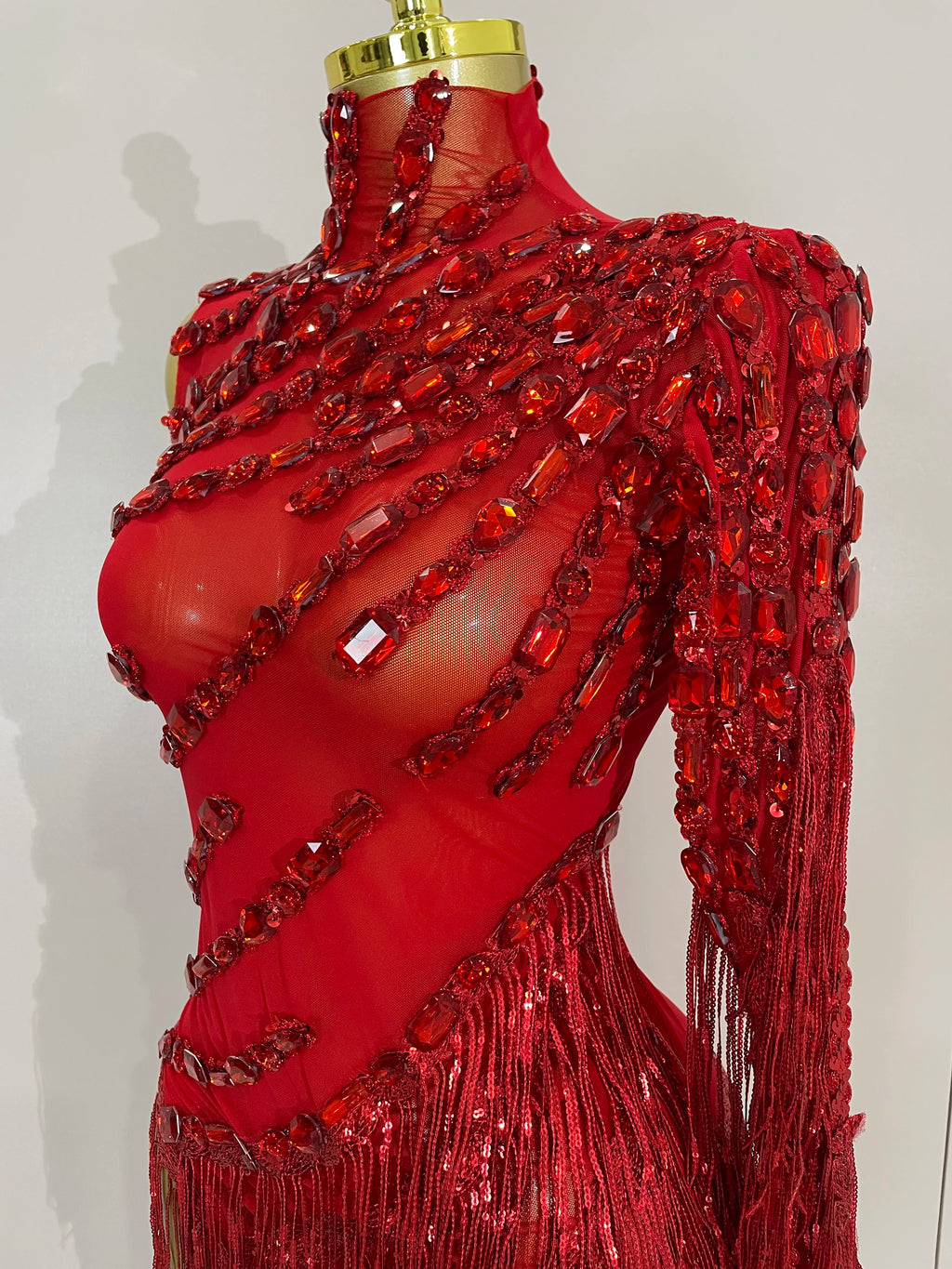 STOCK Sparkly Rhinestones Tassel Sexy See-Through Dress Women One Shoulder Latin Dance Outfits Bar Nightclub Party Stage Costume