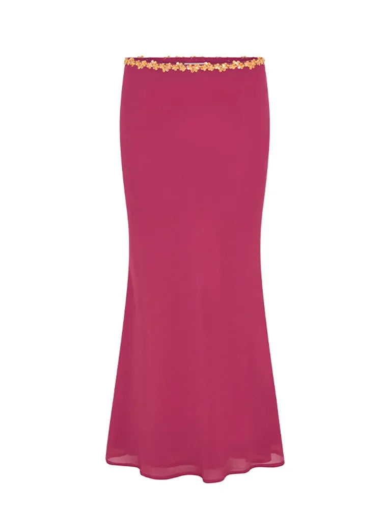 Chic Solid Color Matching Set Sequin Trim Cami Top Shinning Gold Trim Slim Fit Skirt Sexy Summer Vacation Party Club Outfit New