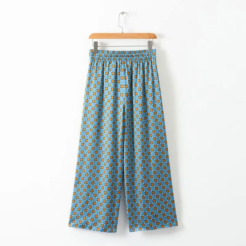 KADUWAKI Spring Summer Women's Set Sunc Loose Blue Printed Kimono Jacket Feather Sleeves Wide Leg Pants 2 Piece Vintage Clothing