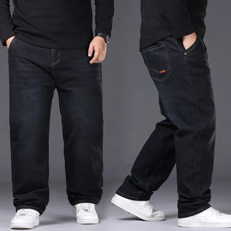 Men Fashion Plus Size 48 50 Black Jeans Male Business Daily Casual Loose Denim Pants Minimalist Stretch Straight Leg Trousers