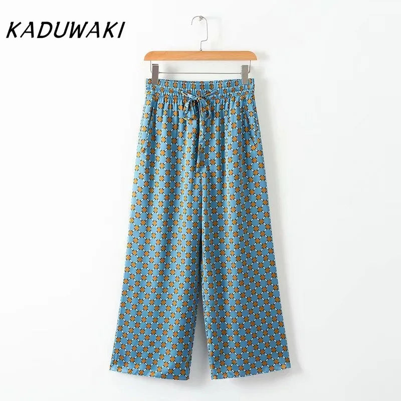 KADUWAKI Spring Summer Women's Set Sunc Loose Blue Printed Kimono Jacket Feather Sleeves Wide Leg Pants 2 Piece Vintage Clothing