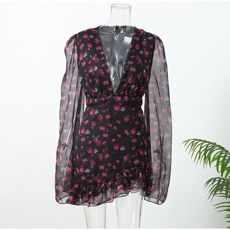 Women Red Floral Printed Mini Dress V-neck Short Sleeved Puff Sleeve Waist Trim Ruffle Slit Hem Dresses 2026 Summer Party Gown