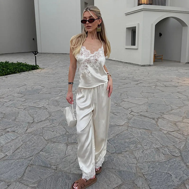 Women Short Set Satin Lace Spaghetti Strap V-Neck Top Drawstring Waist Lace Trim Shorts Elegant Casual Solid Two Piece Set Lady