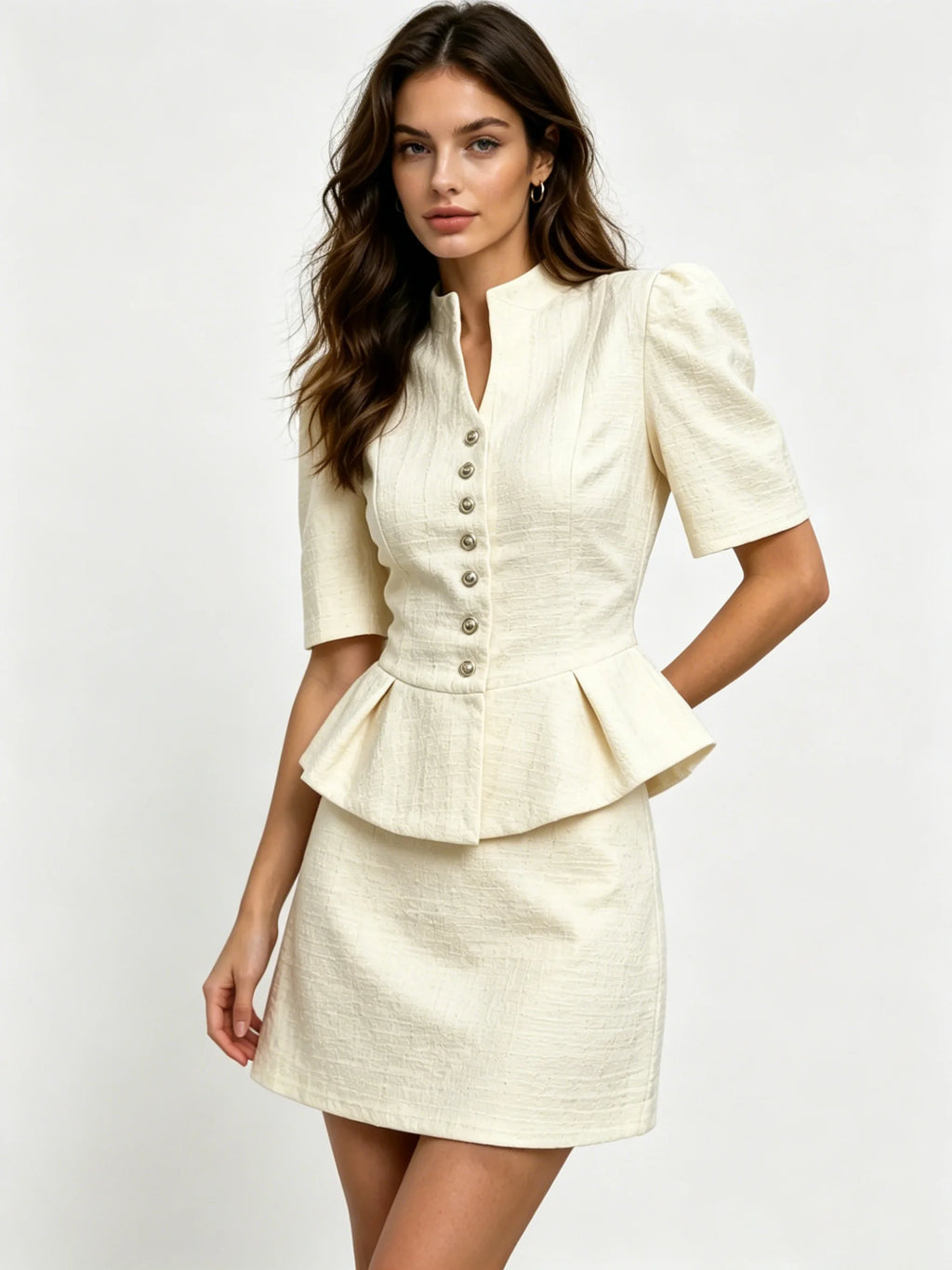 LIMO 2026 New Arrival Pink Tweed 2 Piece Outfit, Women's Elegant Peplum Top with Mini Skirt, Puff Sleeve Formal Suit