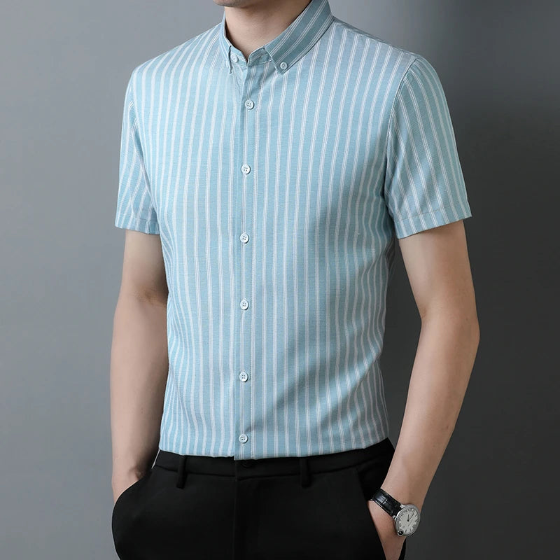 New Men's Casual Striped Short Sleeved Lapel Shirt for Summer Fashion Comfort No Ironing Wrinkle Resistant Top