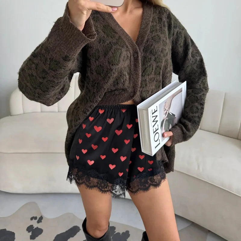 Women Heart Print Lace Satin Shorts Silk Y2k Elastic Waist Mini Shorts Coquette Aesthetic Boxer Slip Pettipants French Knickers