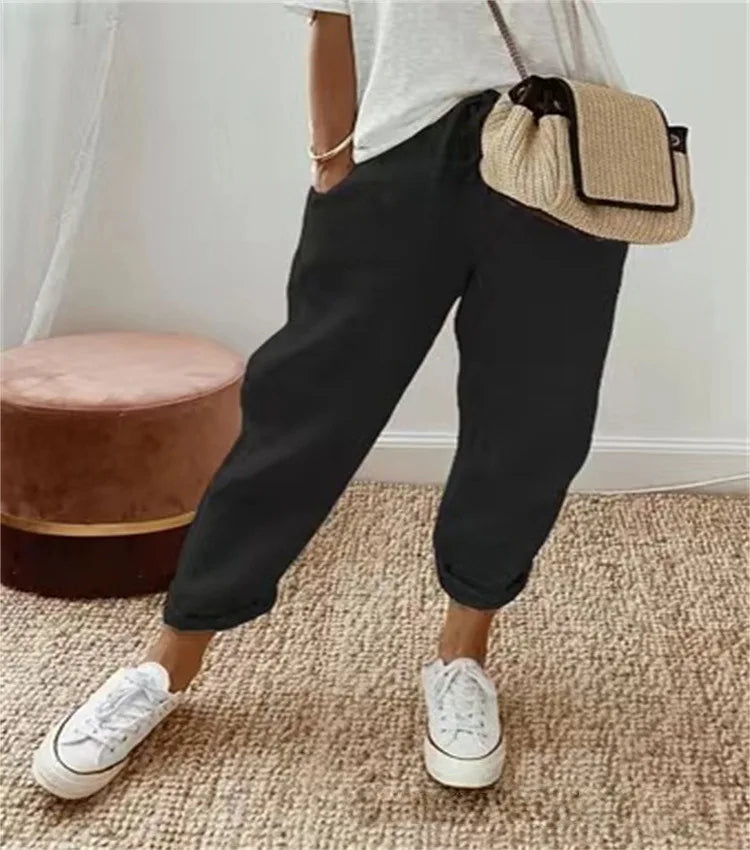 Women Blend Wide Leg Harem Pants Summer Fashion Elastic Waist Pocket Solid Ankle Trousers S-5XL Oversized LRFZ-911