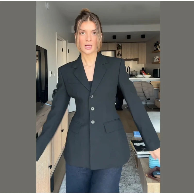 2026 Spring New Solid Lapel Blazer Jacket For Women Elegant Long Sleeve Waist Suit Coats Office Lady Chic Commute Tops