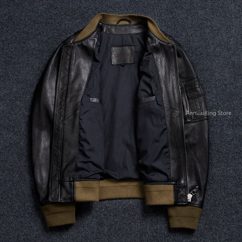 Bomber Ma-1 Genuine Leather Jacket Mens Natural Tanned Sheepskin Coat Vintage Air Force Leather Cloth Soft Plus Size