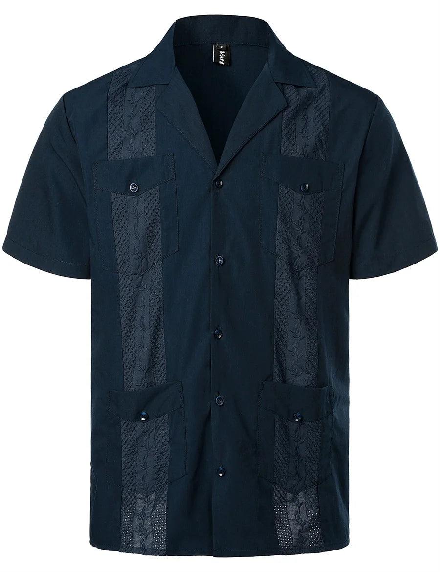 Mideast Men's Guayabera Shirts Four Pockets Embroidered Short Sleeve Shirts Summer Men Mexican Cuban Button Shirt