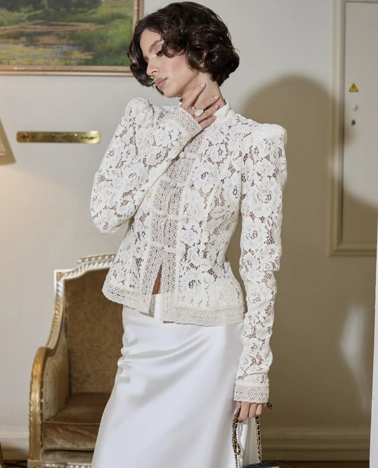 2026 Summer Lace Printed Shirts Tops Female Hollow Out Fashion Commute Vintage See-Through Blouse Women's Lace Shrug Shirts New