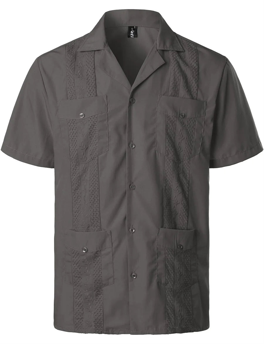 Mideast Men's Guayabera Shirts Four Pockets Embroidered Short Sleeve Shirts Summer Men Mexican Cuban Button Shirt