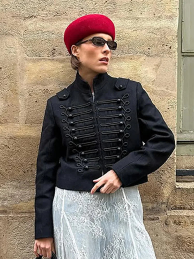 Elegant Long Sleeve Stand Collar Coats 2026 Spring New Retro Military Breasted Jacket For Women Lady High Street Chic Outerwear