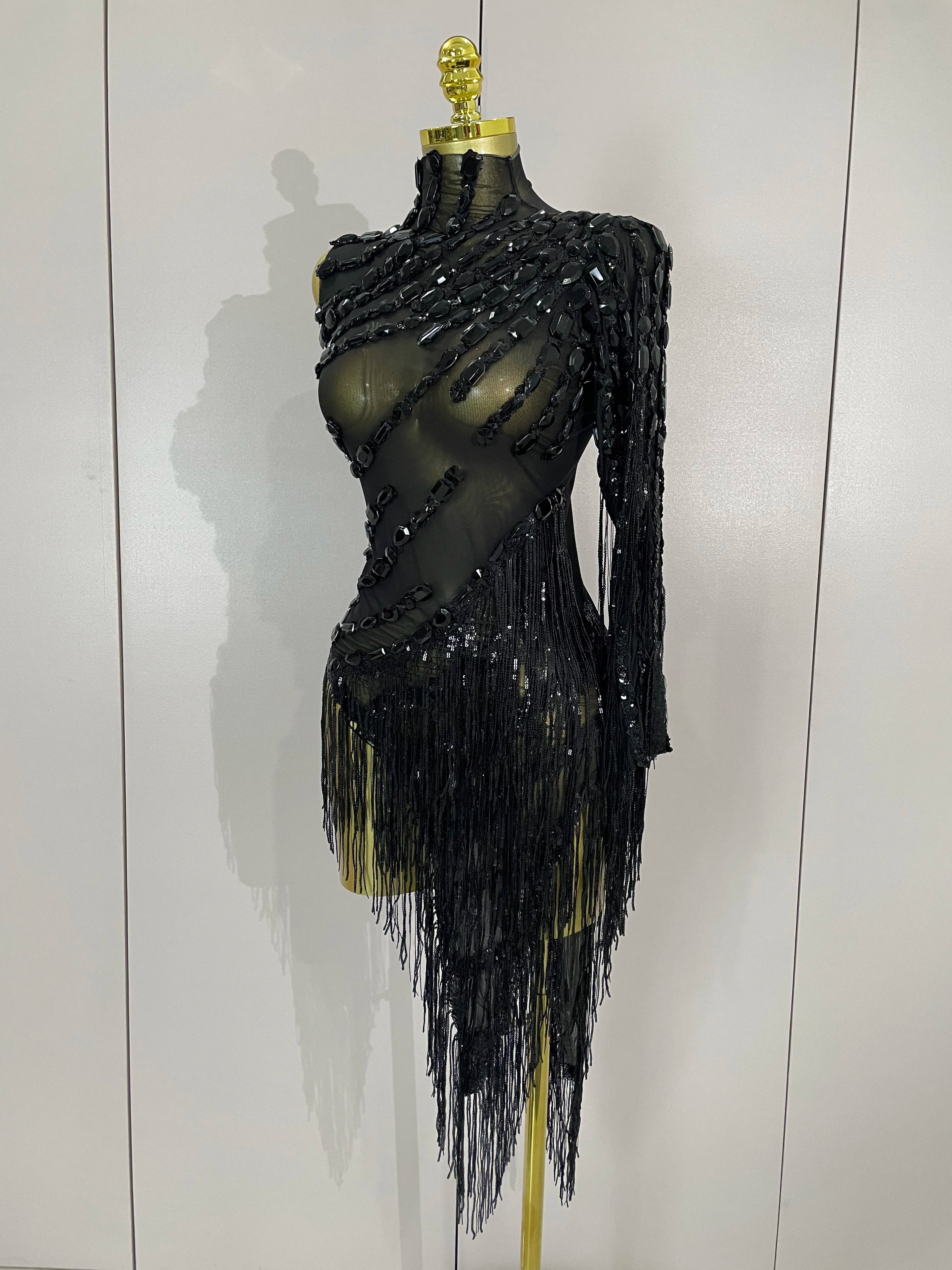 STOCK Sparkly Rhinestones Tassel Sexy See-Through Dress Women One Shoulder Latin Dance Outfits Bar Nightclub Party Stage Costume