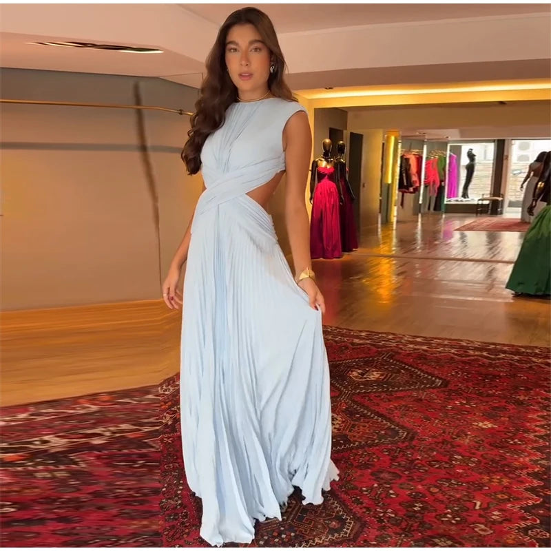 Backless Women Dress Cross Waist Long Dress Sleeveless Backless dresses A Line Ruched Evening Gown  Elegant Party Gown 2026 New