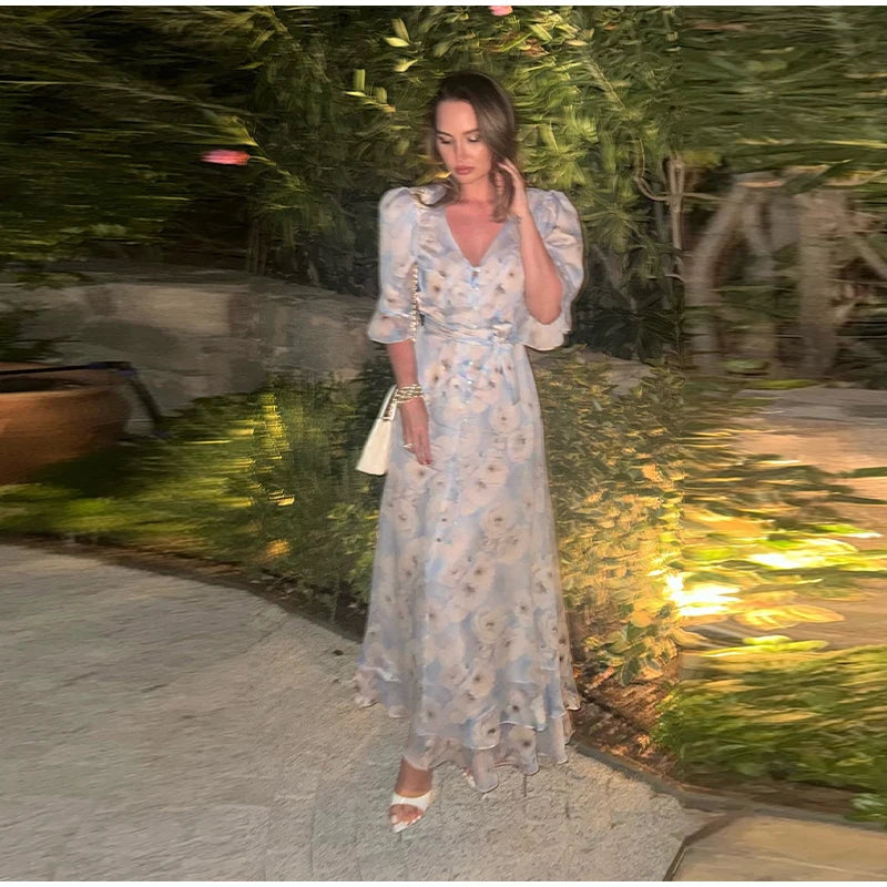 Print Chiffon Long Dress Women V Neck Half Sleeves High Waist Ruffles Belts Split Robe Female 2026 Summer Chic Vacation Dresses