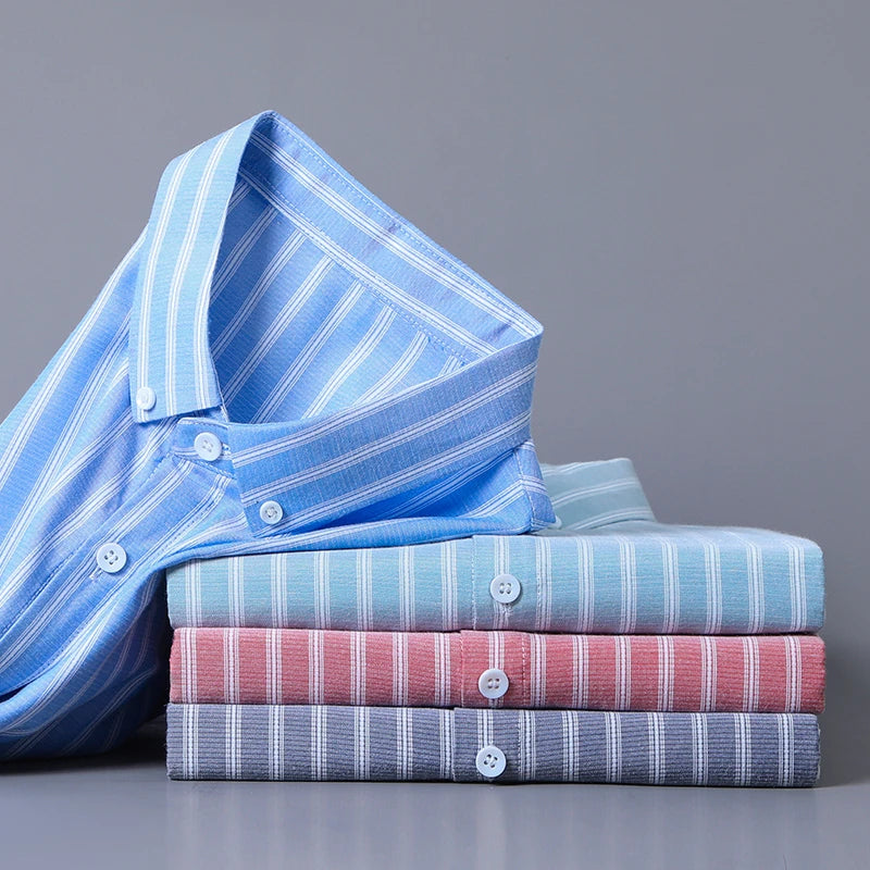 New Men's Casual Striped Short Sleeved Lapel Shirt for Summer Fashion Comfort No Ironing Wrinkle Resistant Top