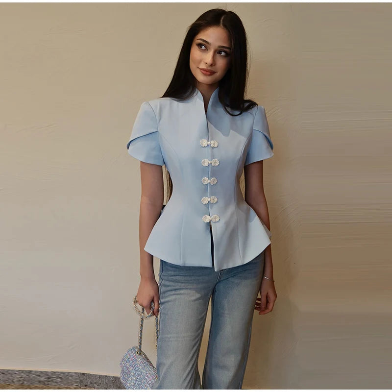2026 Spring Summer Short Puff Sleeve Frog Button Shirt For Women Stand Collar  Single Breasted Blouse Lady Chic Street Party Top