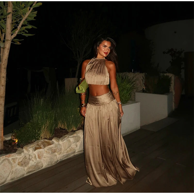 Luxury Women's Maxi Skirts Set Halter Neck Open Back Crop Top High Waist Flowy Long Skirt Elegant Formal Evening Party Outfit